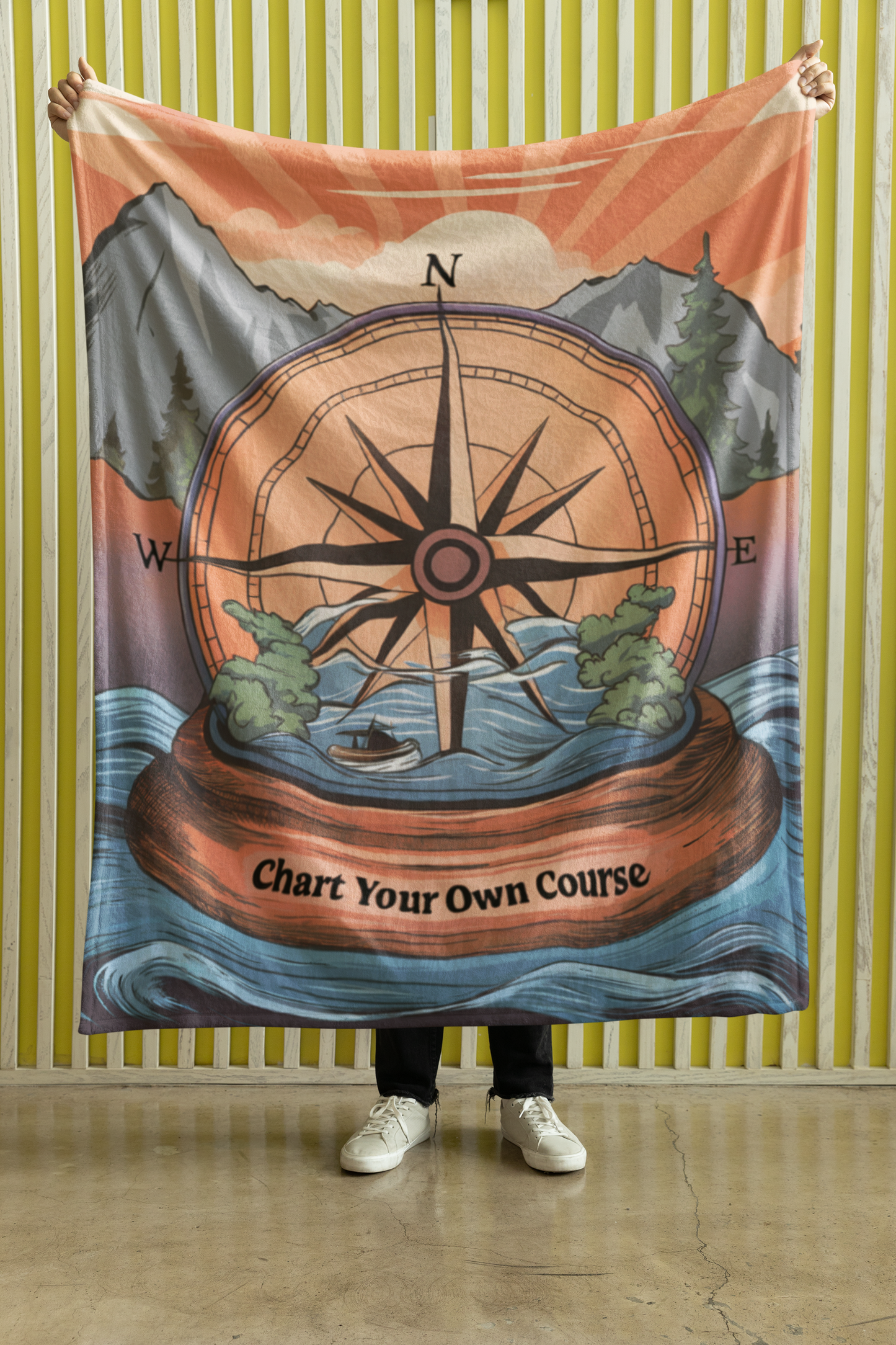 Sherpa Blanket - "Chart Your Own Course" compass, ocean, mountains