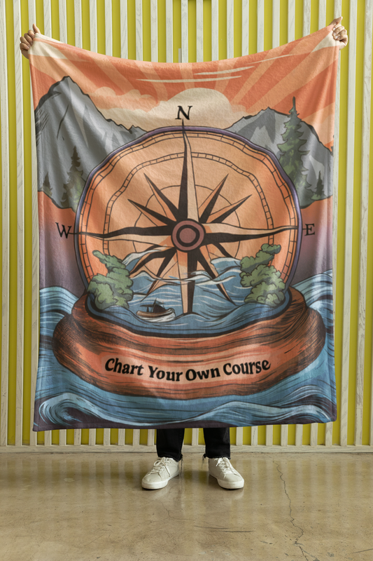 Sherpa Blanket - "Chart Your Own Course" compass, ocean, mountains